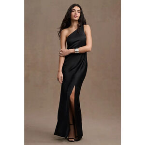 $248 BHLDN Dylan One Shoulder Satin Side Slit Gown in Black 12 NEW